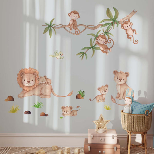 Safari animals - wall stickers. Kids room. Monkeys, lions, and liane.