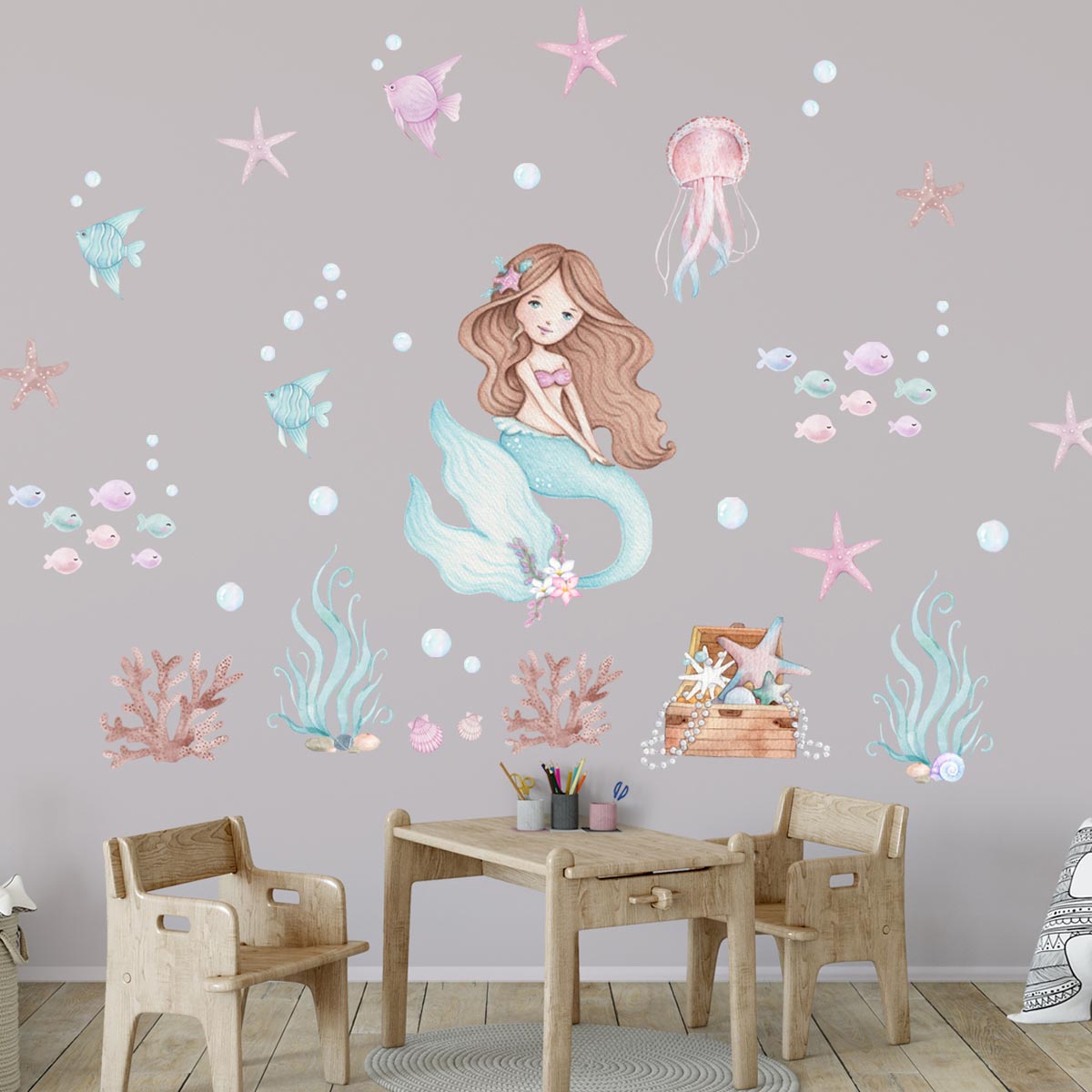 Sea animals. Mermaid wall stickers for girl's room.