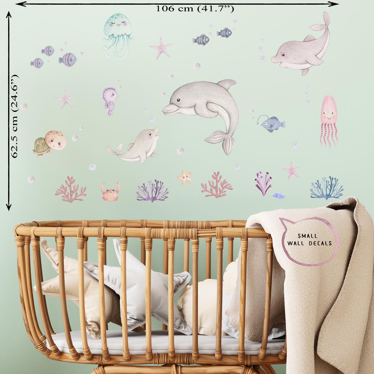 Sea creatures, dolphin - wall decals for boys room. Ocean.