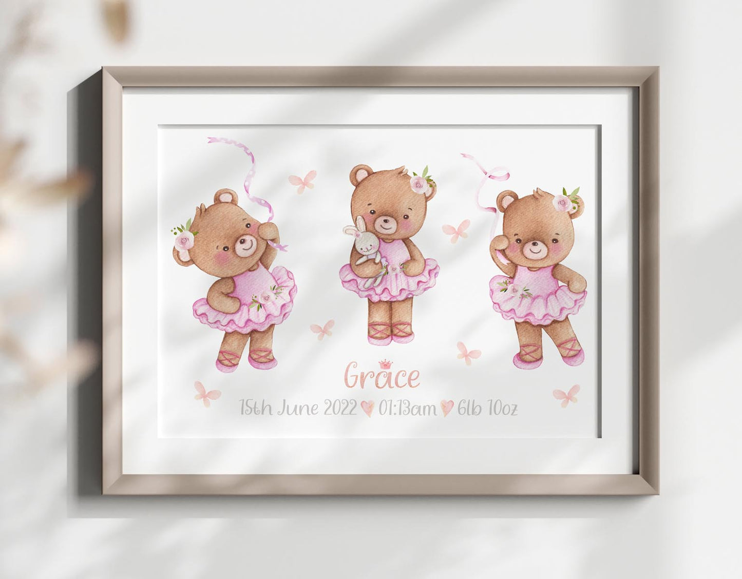 Teddy bear baby girl birth poster. Newborn gift.