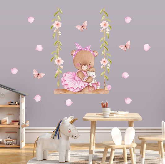 Teddy bear - baby's room wall stickers. Butterflies, flowers and roses.