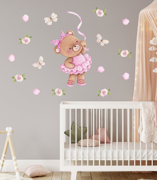 Teddy bear. Baby's room wall stickers. Butterflies and flowers.