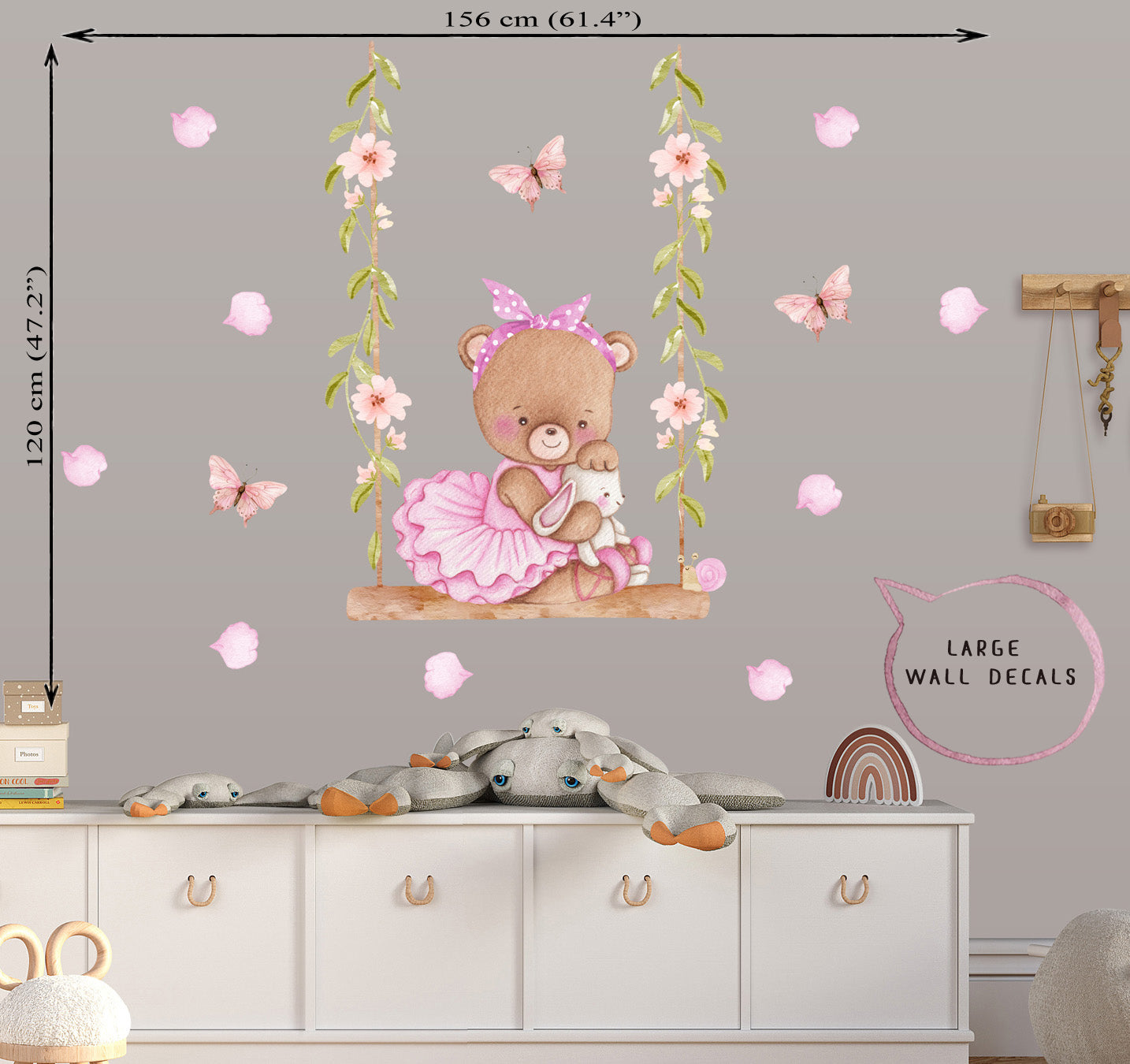 Teddy bear ballerina - big wall decals for children's room. The rose and butterflies.