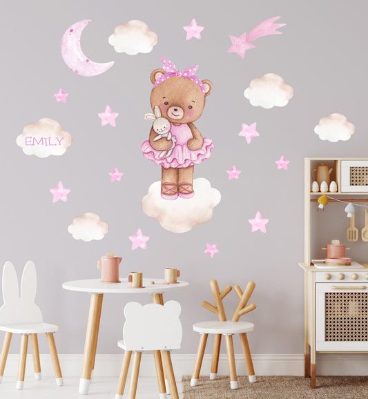 Teddy bear ballerina on a cloud. Wall decals for child's room. Stars and cloud.