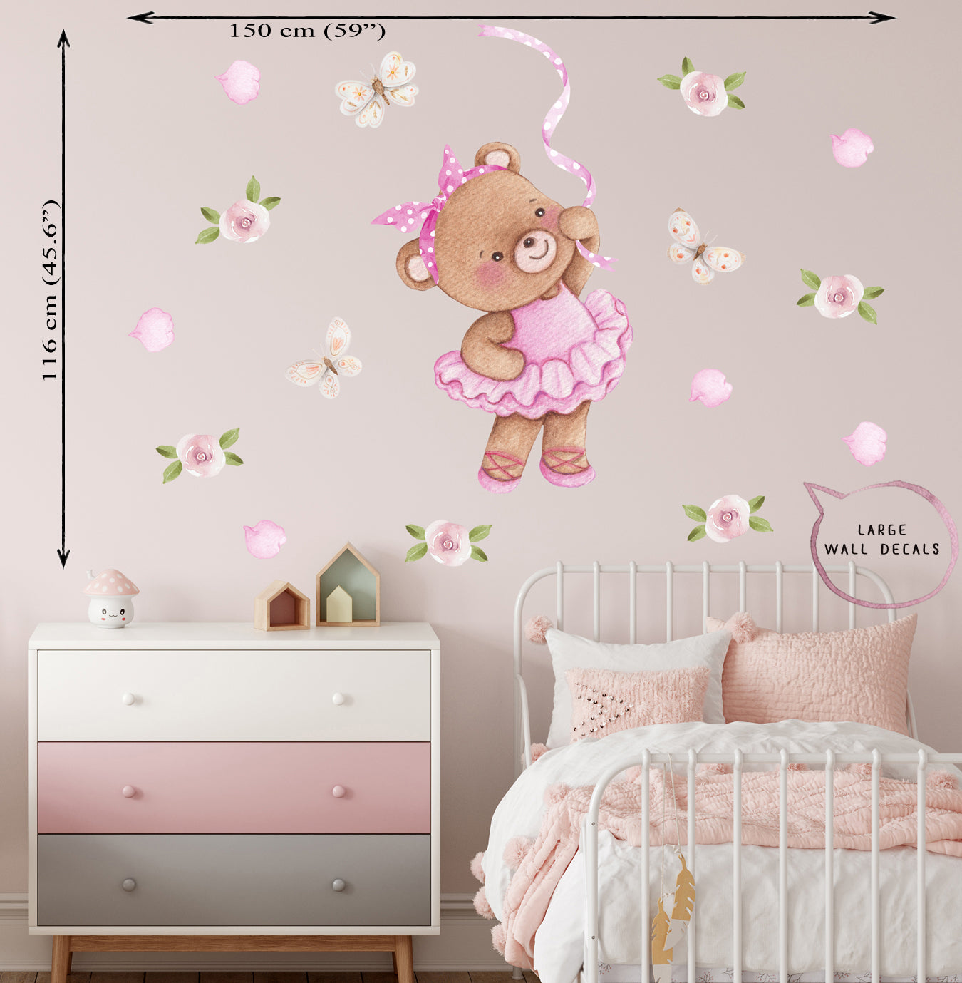 Teddy bear ballerina. Large wall decals for children's room. Roses, flowers and   butterflies.