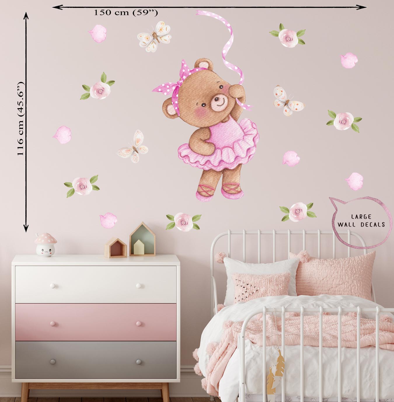 Teddy bear ballerina. Large wall decals for children's room. Roses, flowers and butterflies.