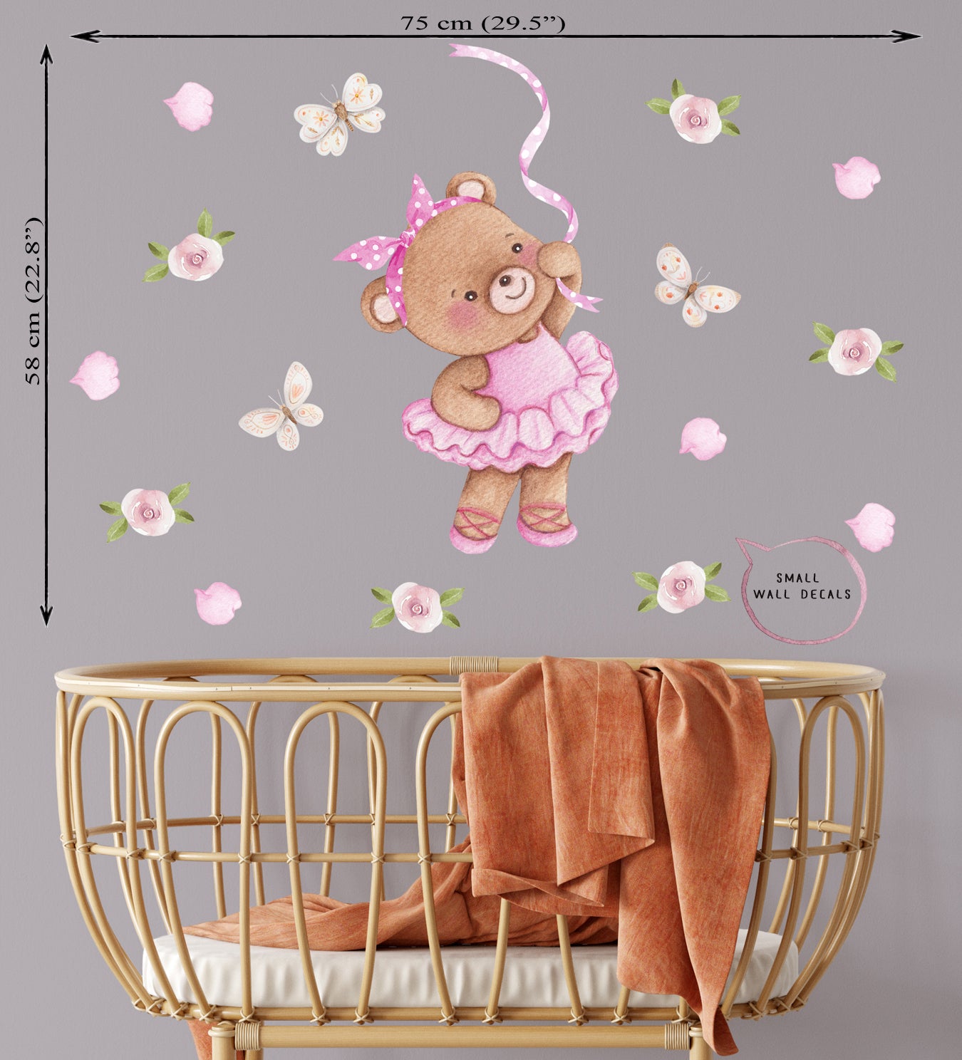 Teddy bear ballerina. Small wall decals for baby nursery. Flowers, roses and butterflies.