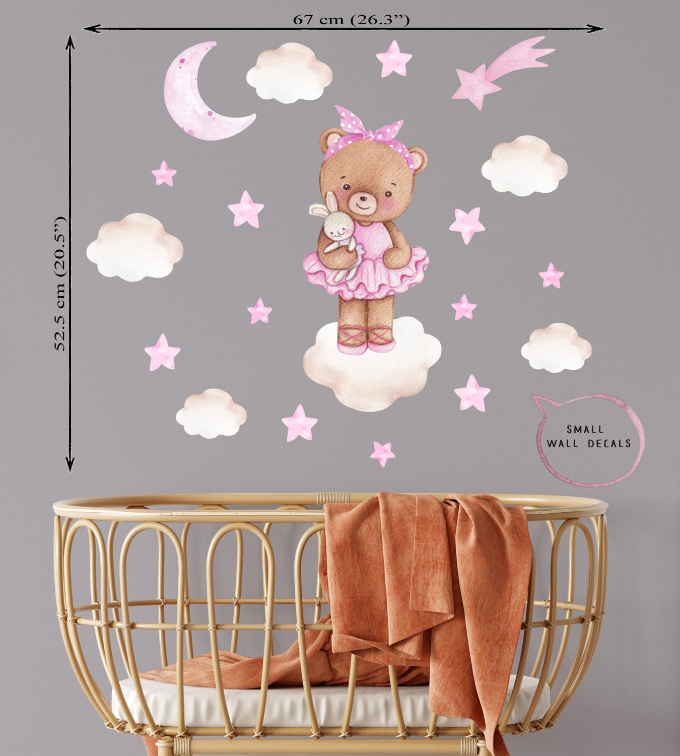 Teddy bear ballerina - small wall decals for baby room. Cloud, stars and comet.