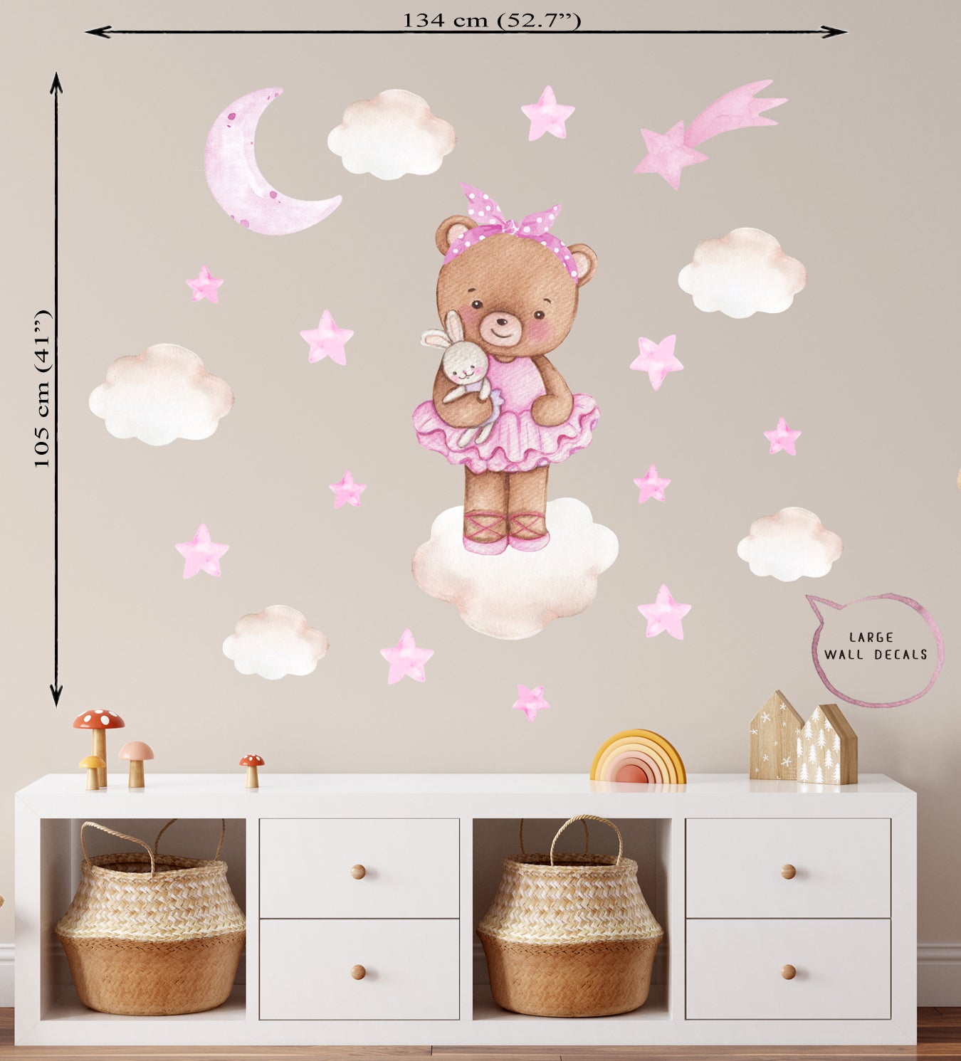 Teddy bear ballerina - wall decals for children's room. Pink stars.