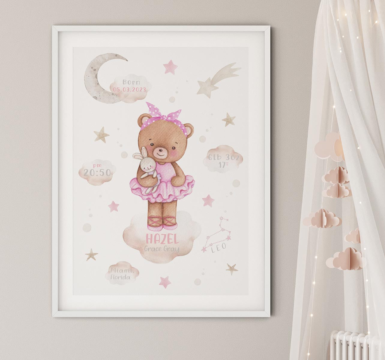 Teddy bear birth details print. New baby girl.