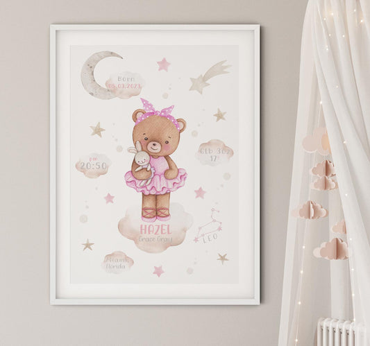 Teddy bear birth details print. New baby girl.