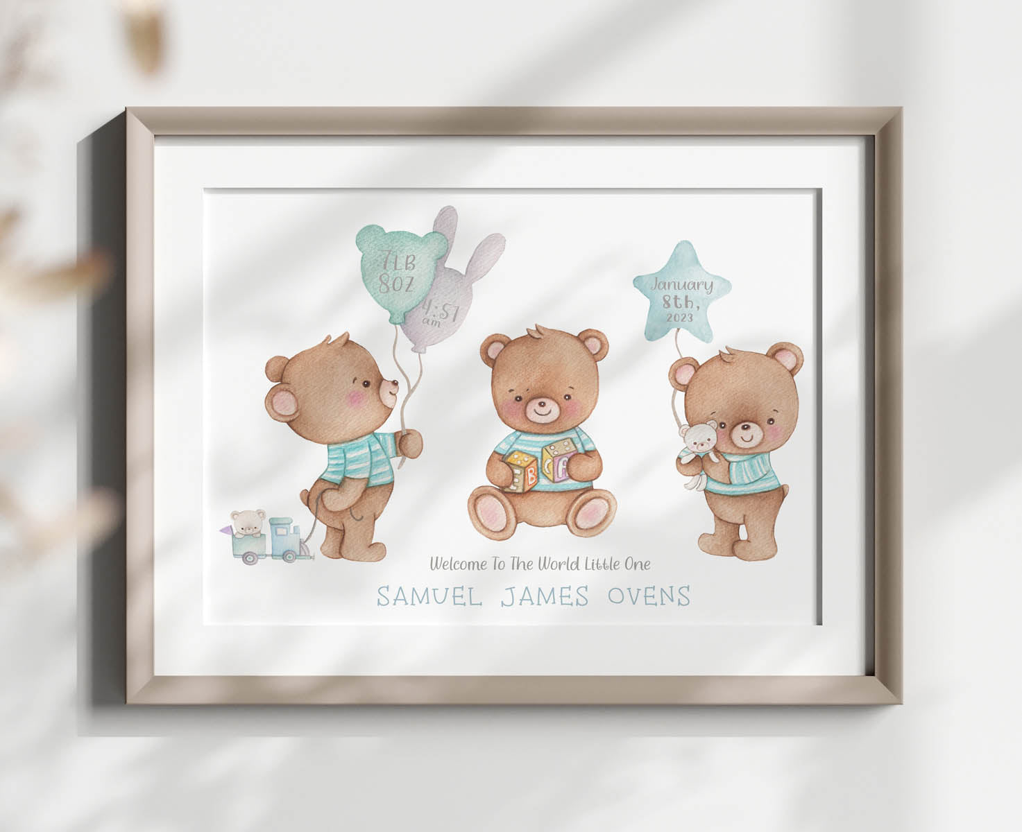 Teddy bear, blue balloons. Newborn birth poster personalised.