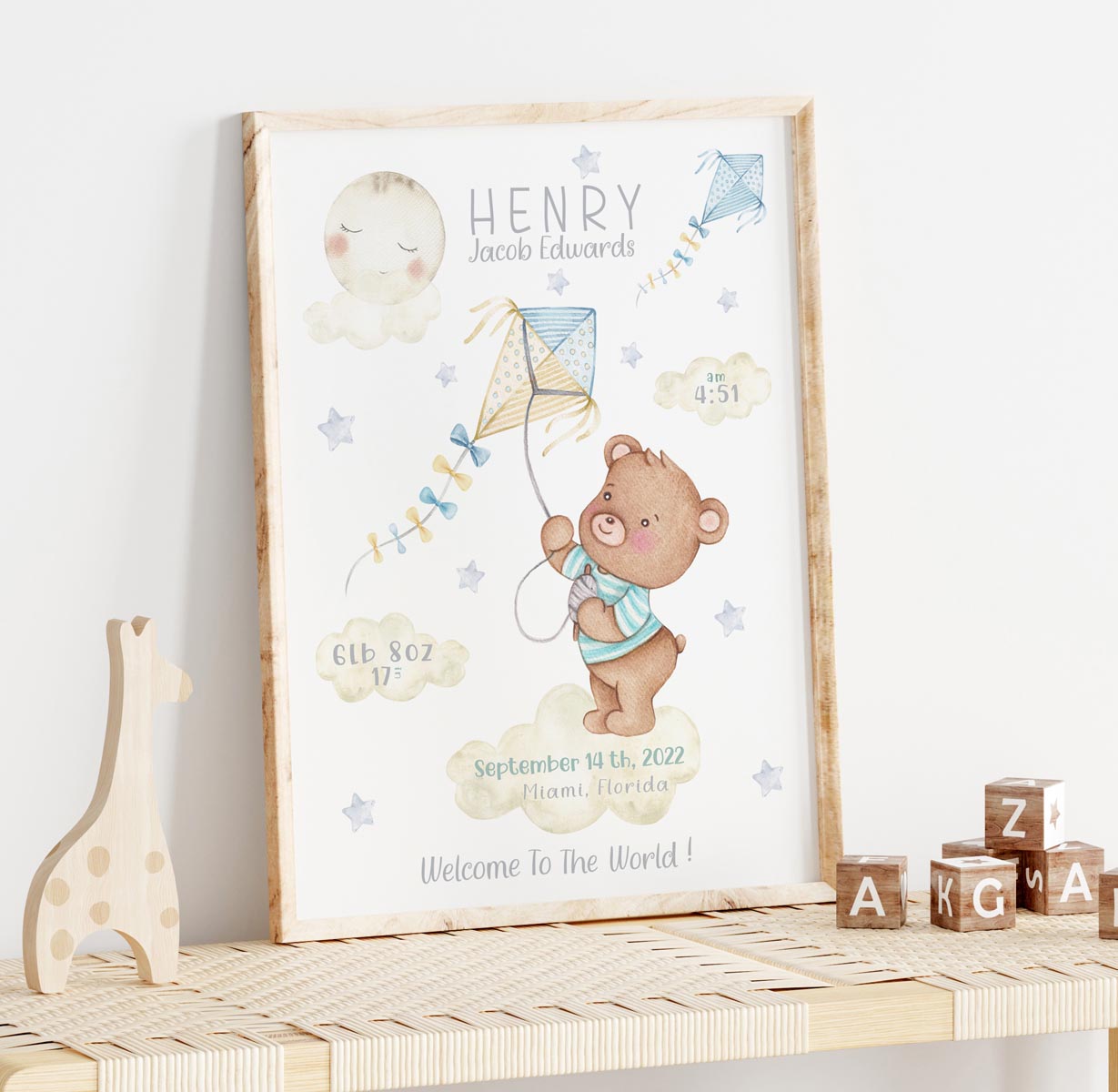 Teddy bear, blue stars - newborn birth poster. Personalized.