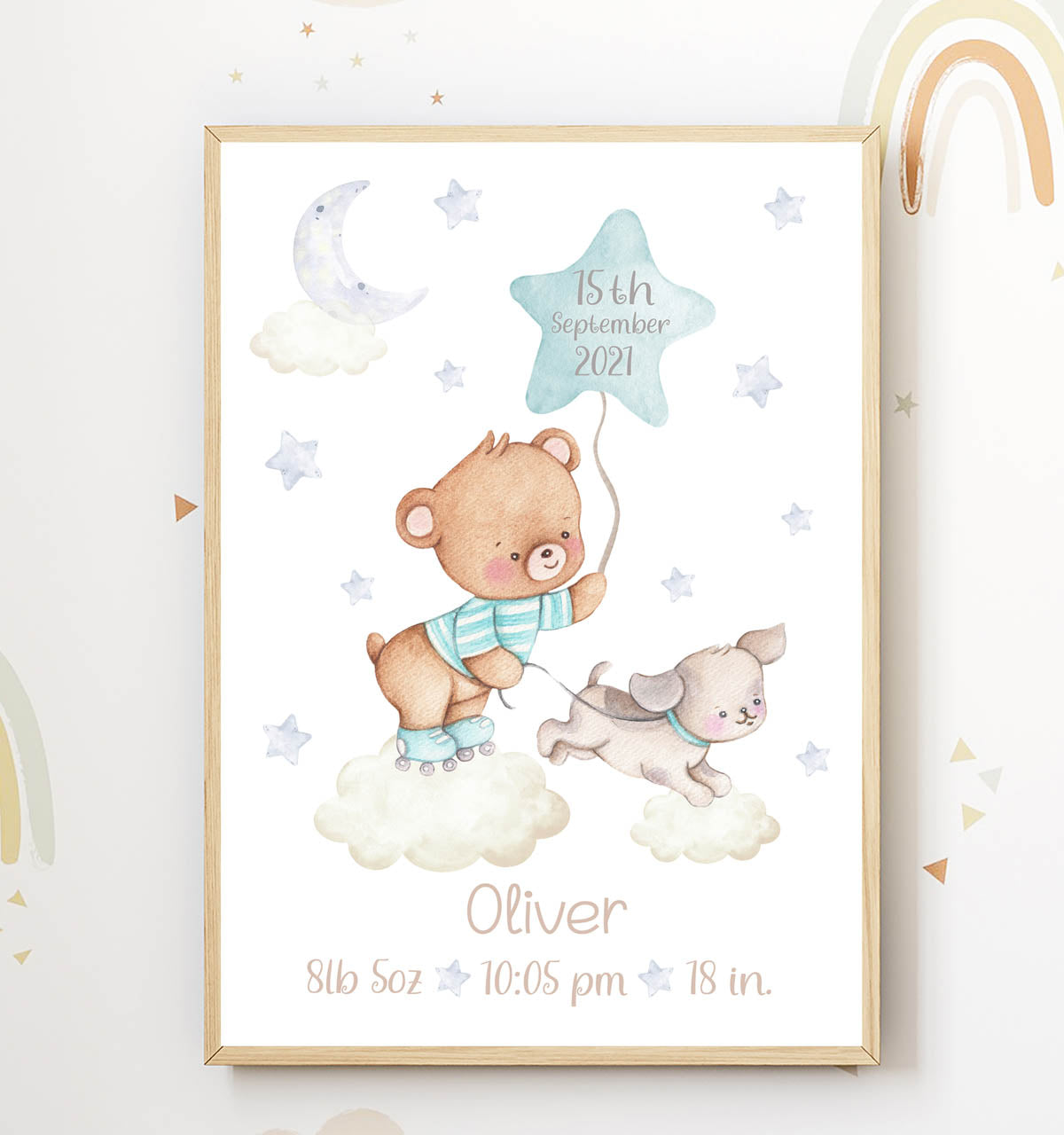 Teddy bear, blue stars - newborn birth print personalized.