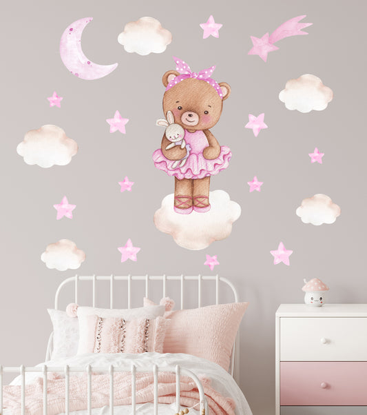 Teddy bear ballerina on cloud - big wall stickers for girl's room. Stars and moon.
