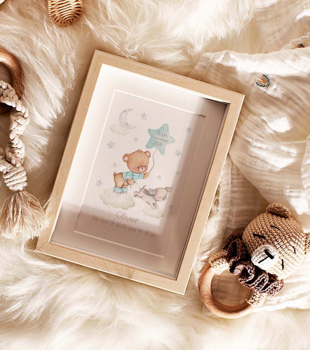 Teddy bear, cloud, stars - new baby birth poster. Newborn gift.