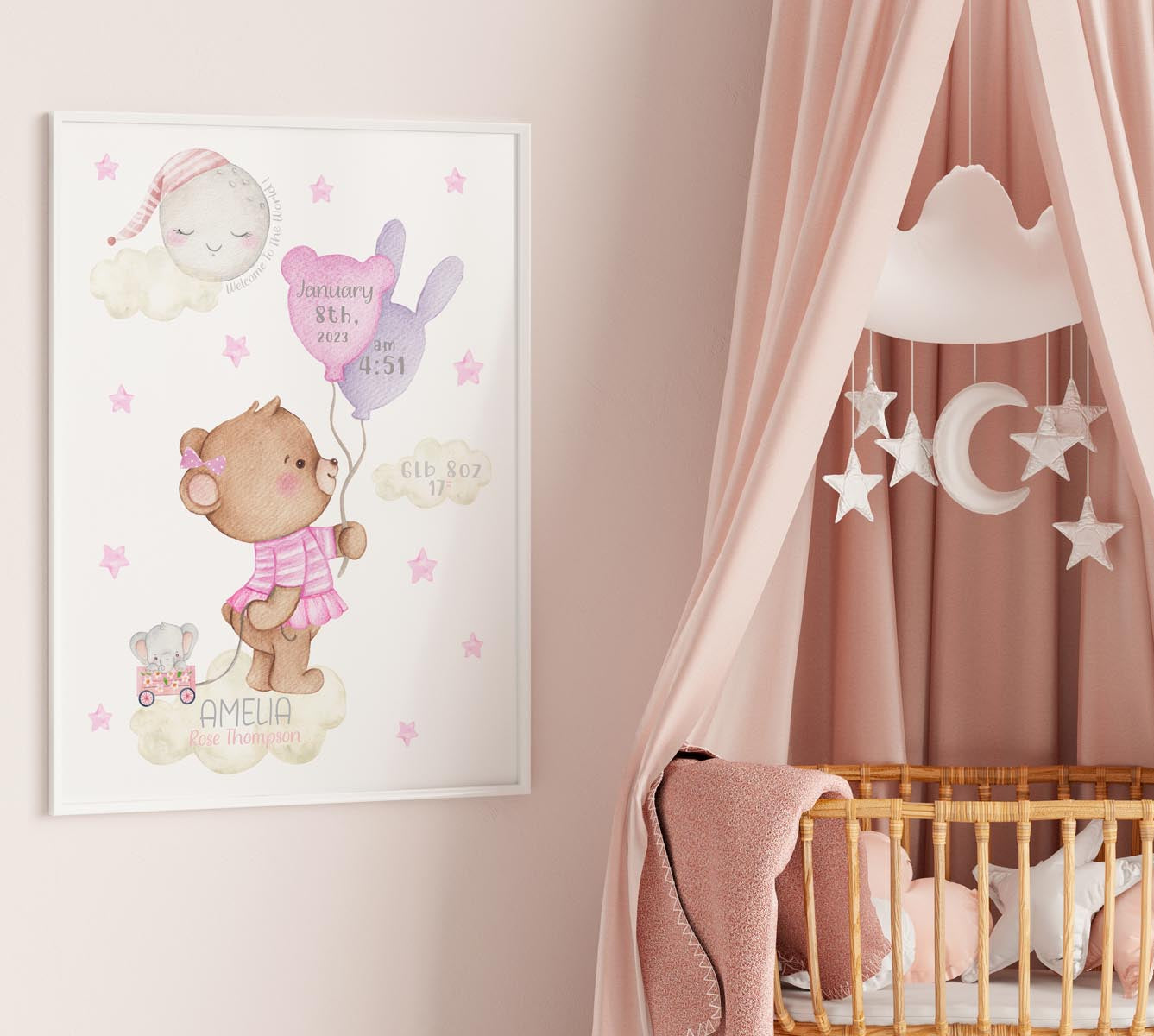 Teddy bear, clouds, stars. Newborn birth poster personalised.