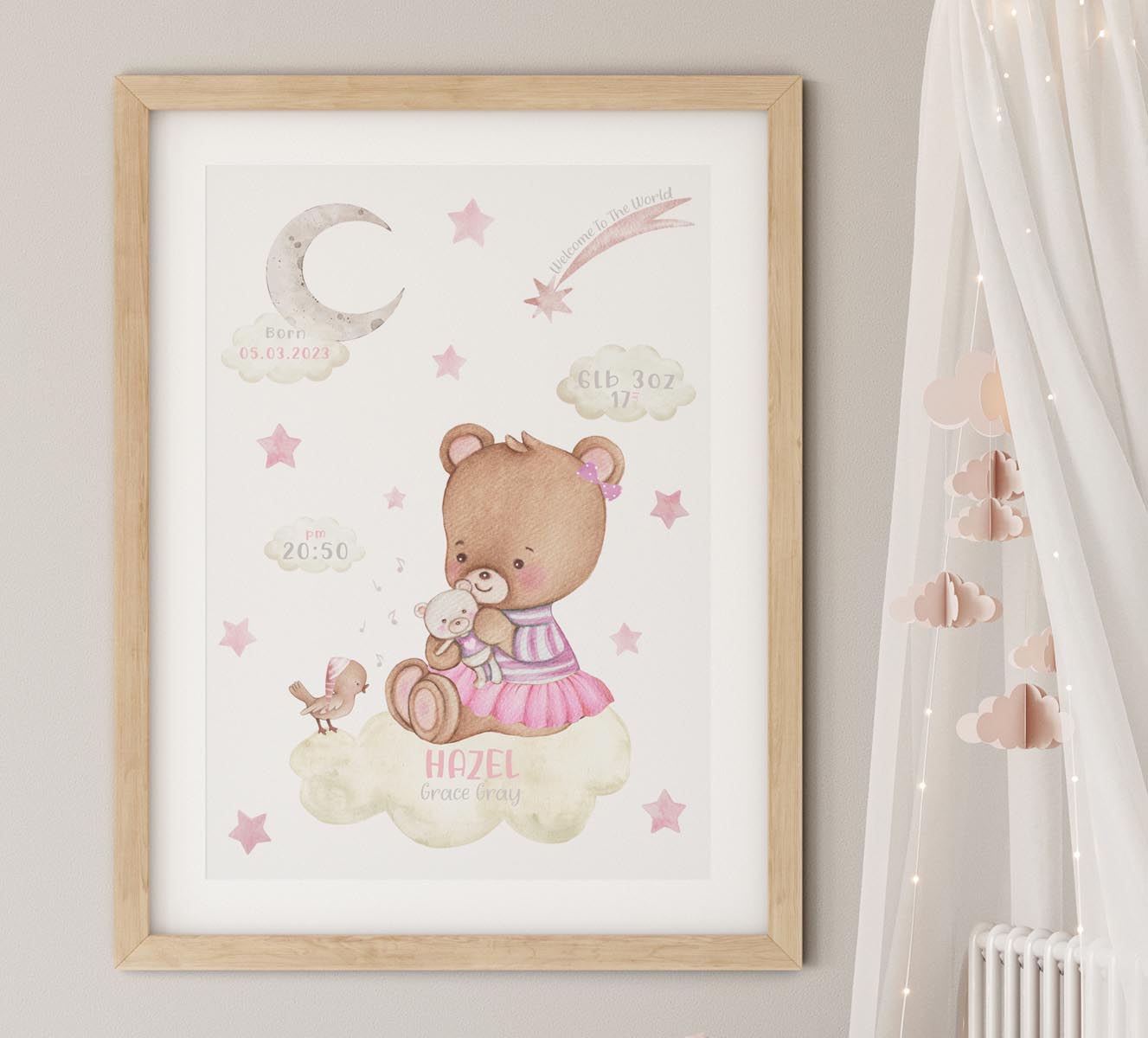 Teddy bear, cloud, stars - newborn birth poster personalized.