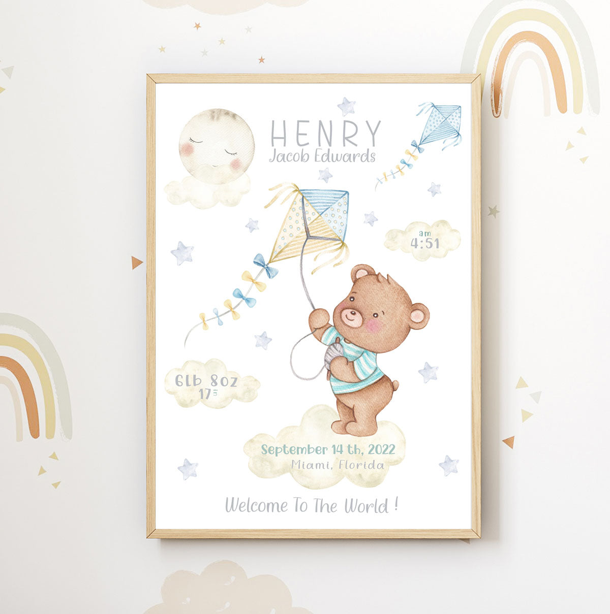 Teddy bear, clouds - new baby birth poster. Newborn gift.