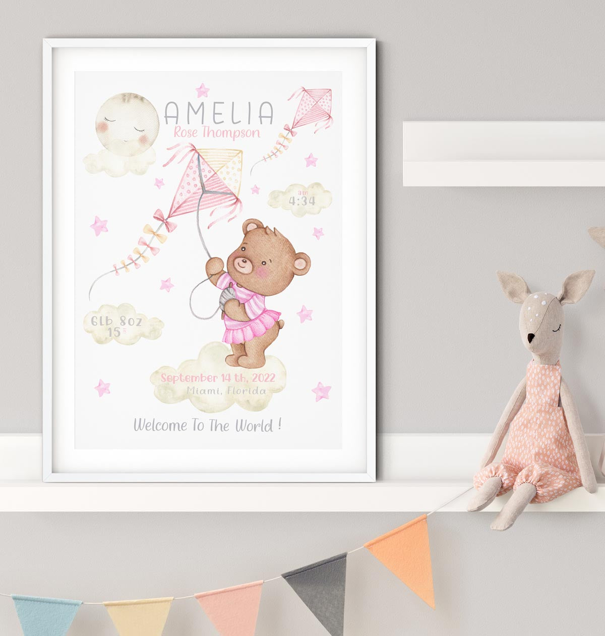 Teddy bear, clouds, stars. Newborn birth poster personalised.