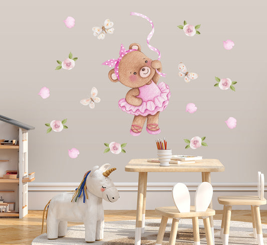 Teddy bear. Girl's room wall stickers. Roses and butterflies.