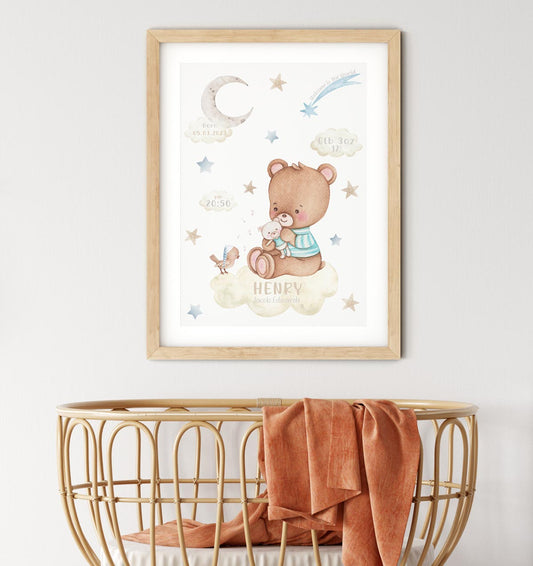 Teddy bear, moon, cloud - new baby birth poster. Newborn gift.