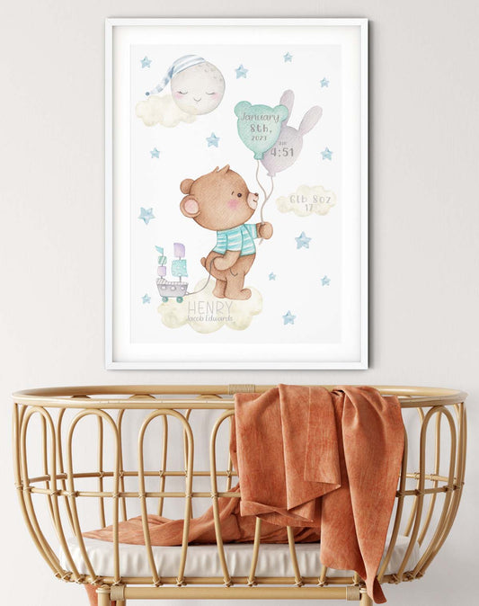 Teddy bear, moon, clouds - new baby birth poster. Newborn gift.