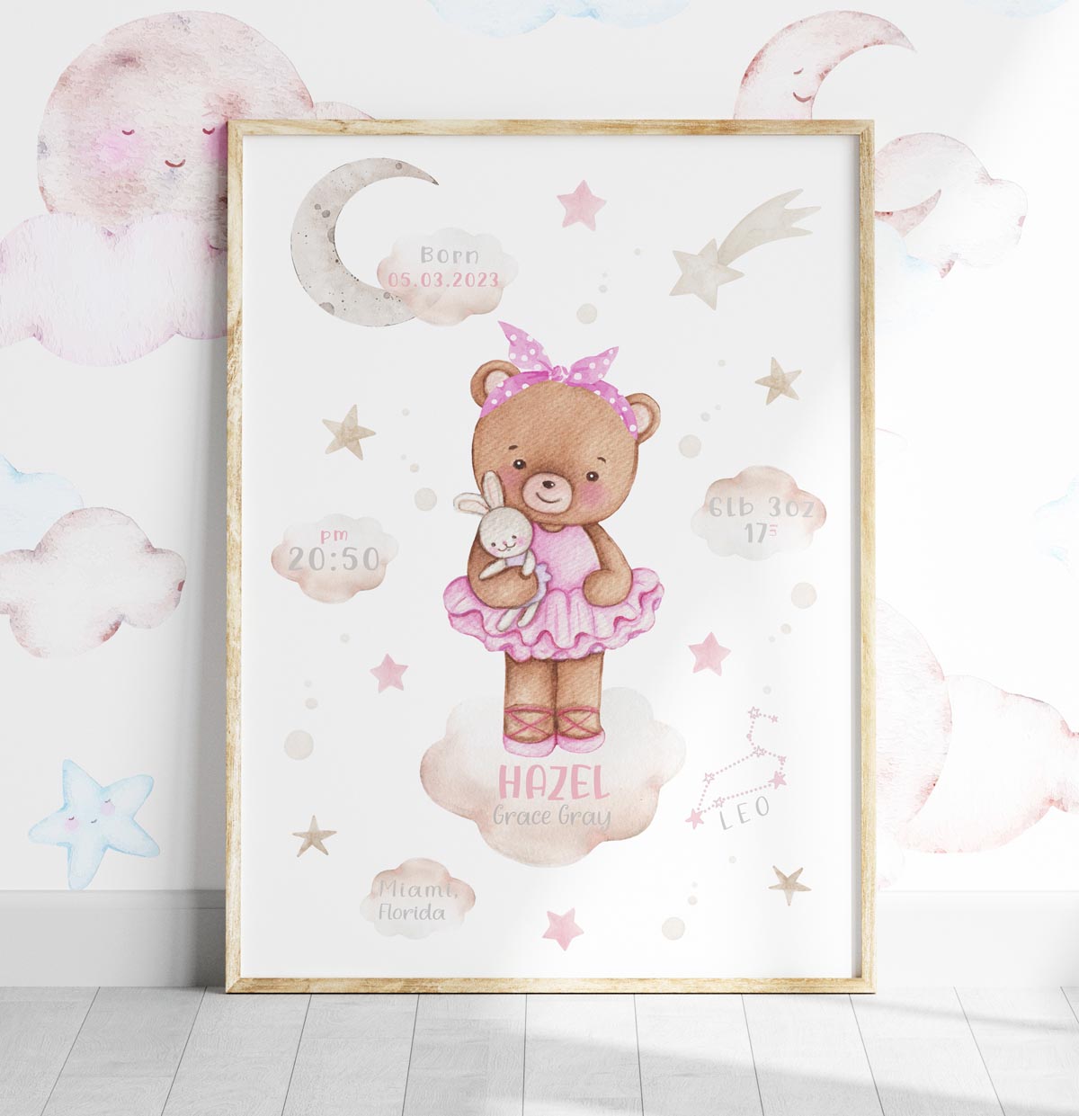 Teddy bear new baby birth poster. Ballerina newborn gift.