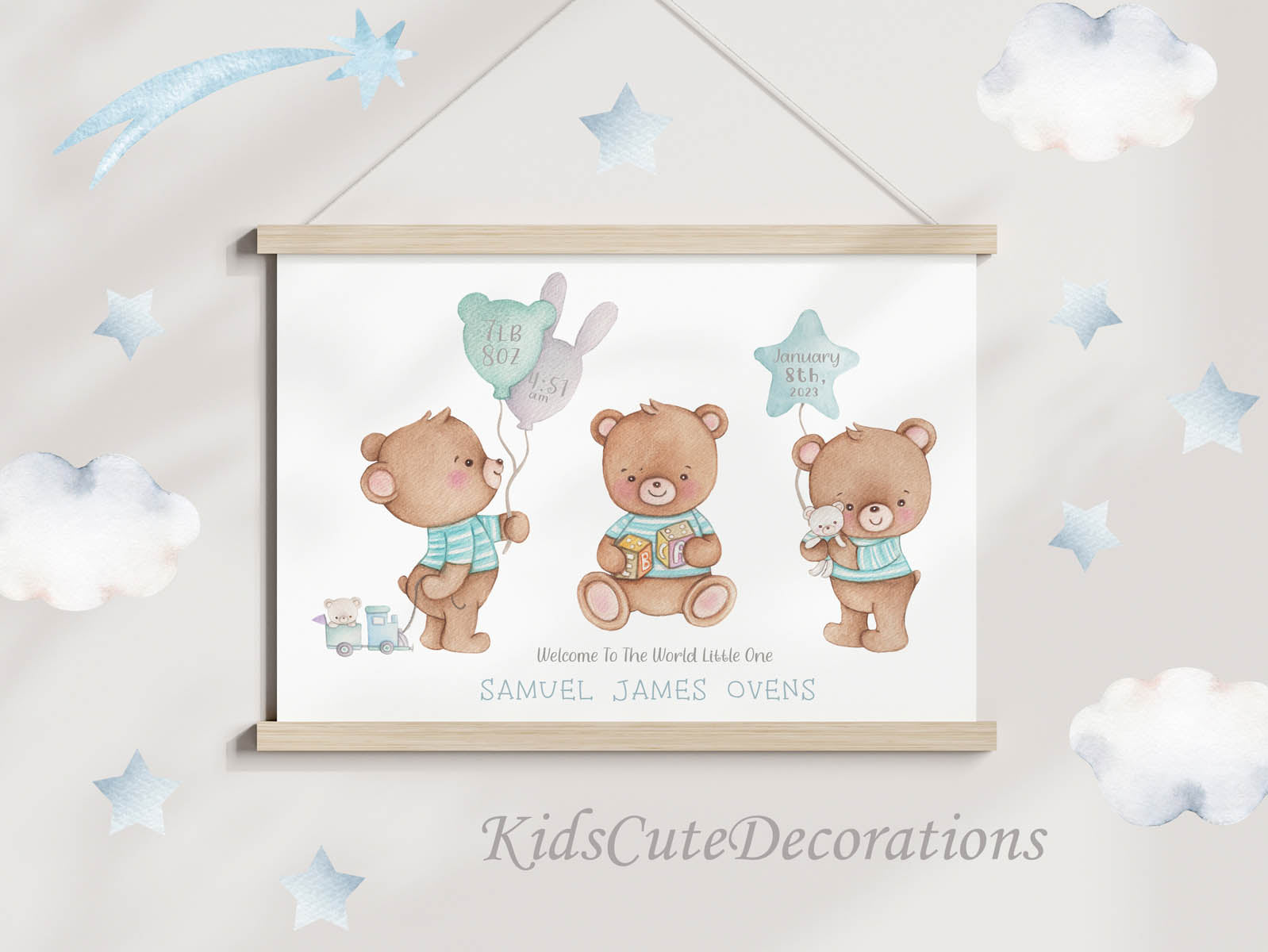 Teddy bear - new baby birth poster. Newborn gift.