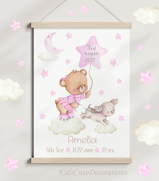 Teddy bear, pink balloon - new baby birth poster. Newborn gift.