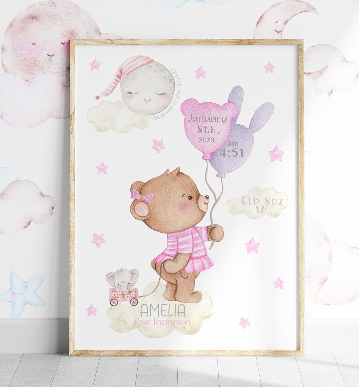 Teddy bear, pink stars. Baby birth poster. Newborn gift.