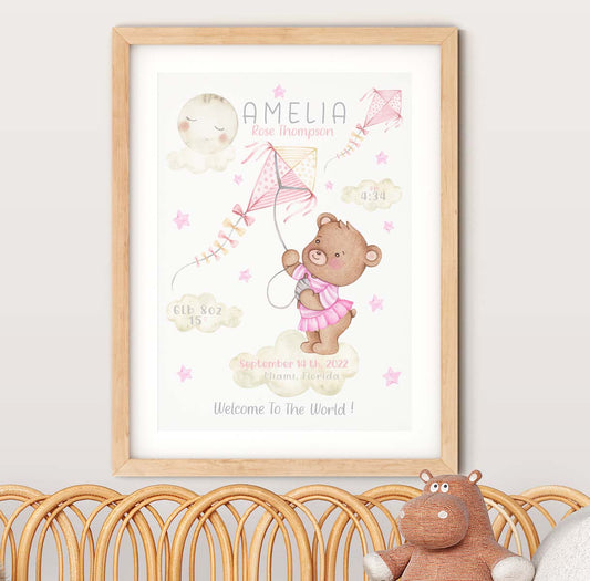 Teddy bear, pink stars. New baby birth poster. Newborn gift.