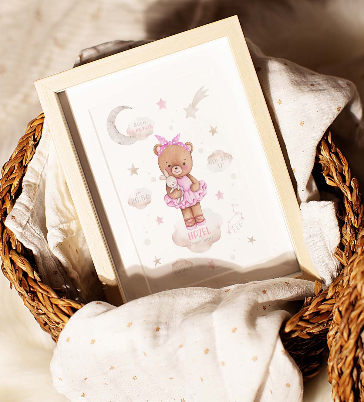 Teddy bear, pink stars. Newborn birth poster personalised.