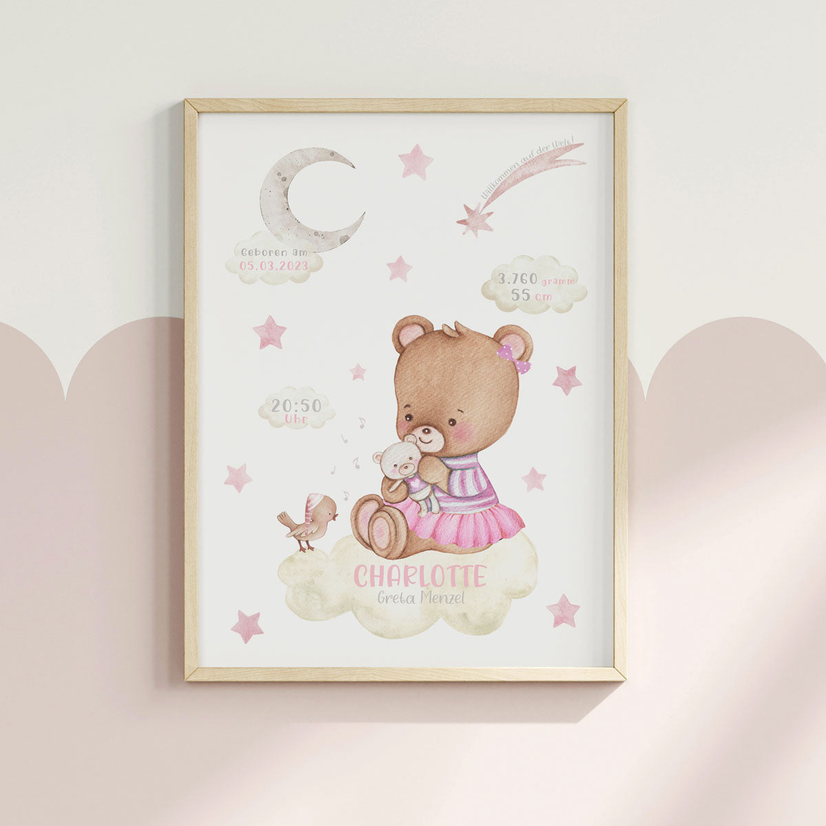 Teddy bear. Pink stars. Newborn birth print personalised.