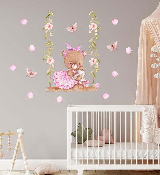 Teddy bear on a swing - girl's room wall stickers. The rose and petals.