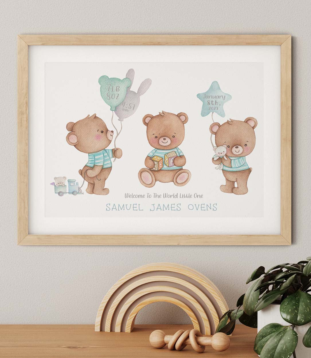 Teddy bears birth details print. New baby boy.