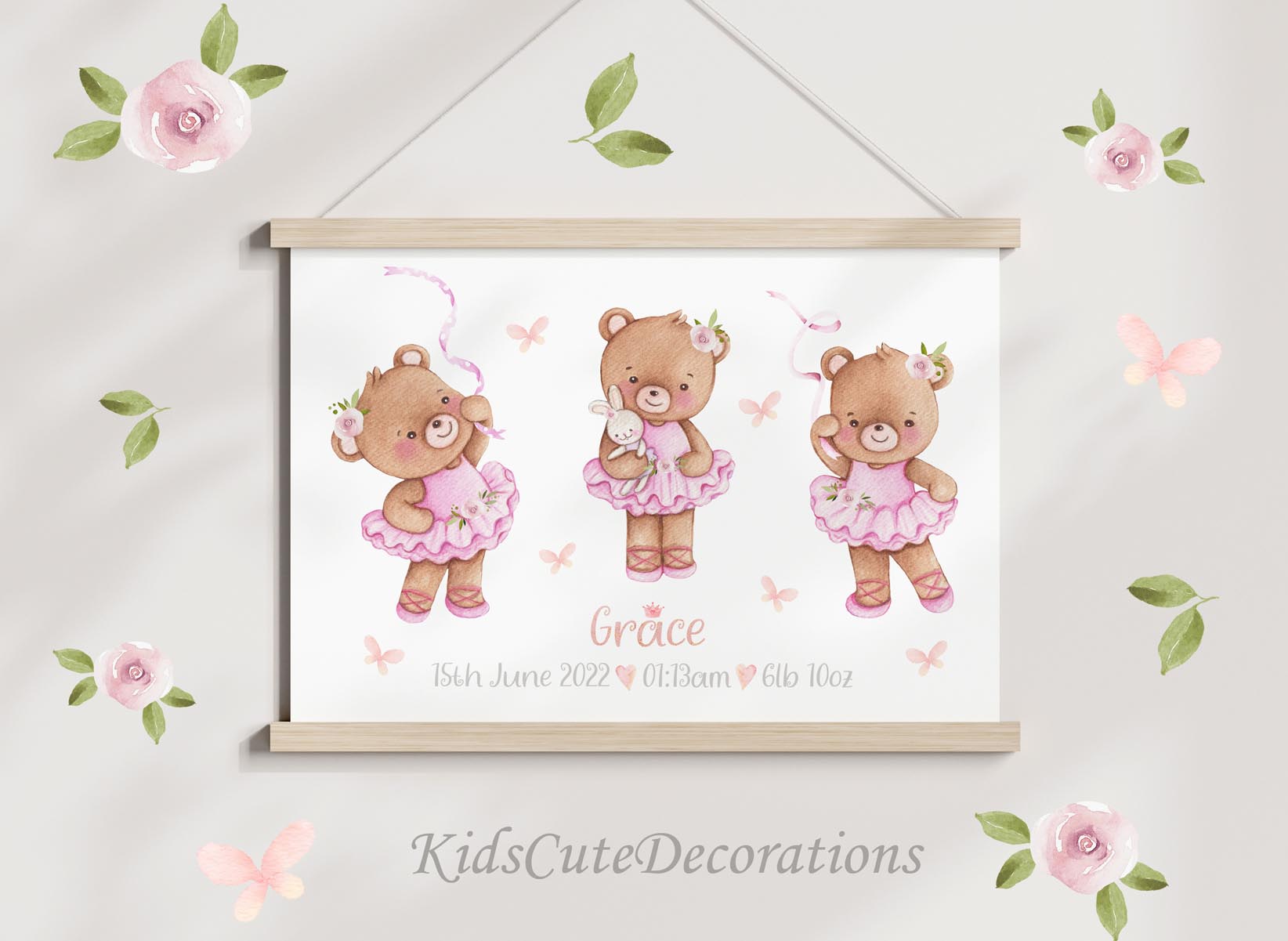 Teddy bears - birth details print. New baby girl.