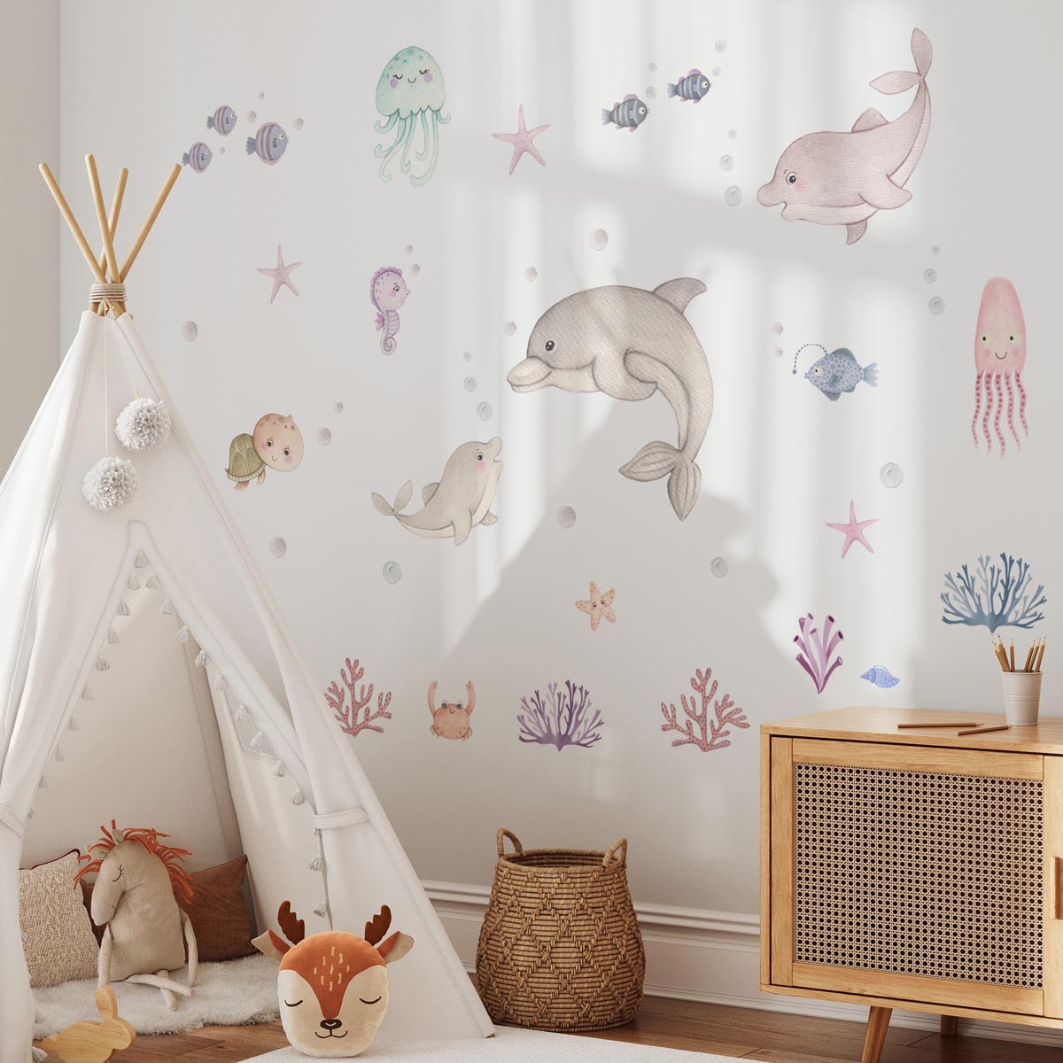 Underwater world animals, dolphins - large wall decals. Kids room.