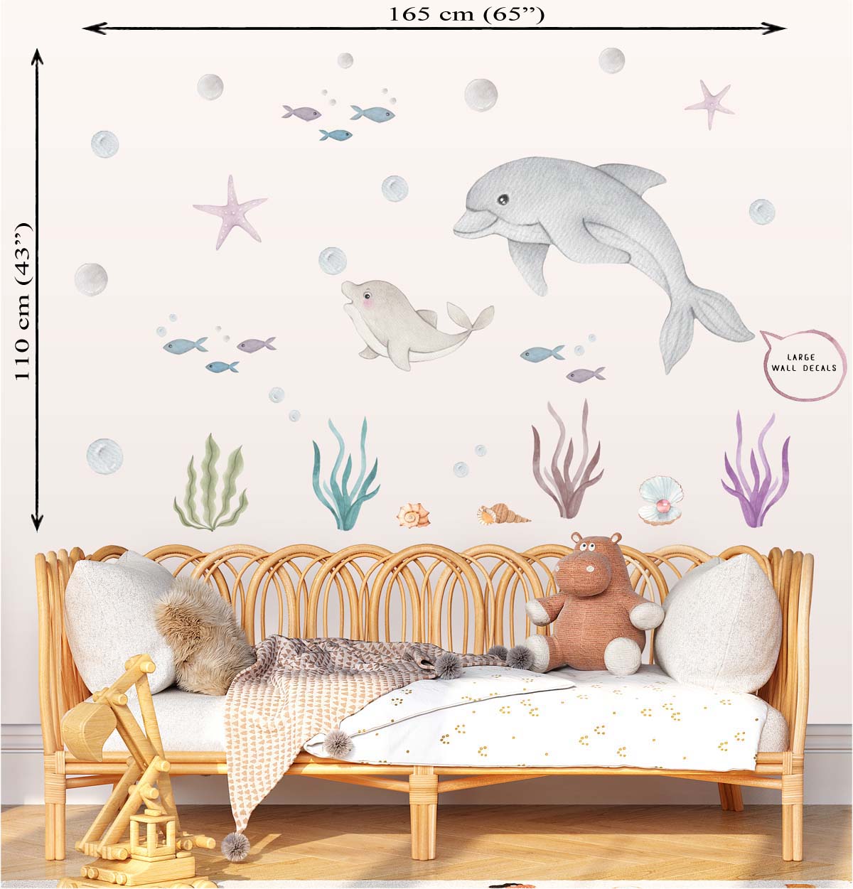 Underwater world animals, dolphins. Large wall decals. Girl's room.