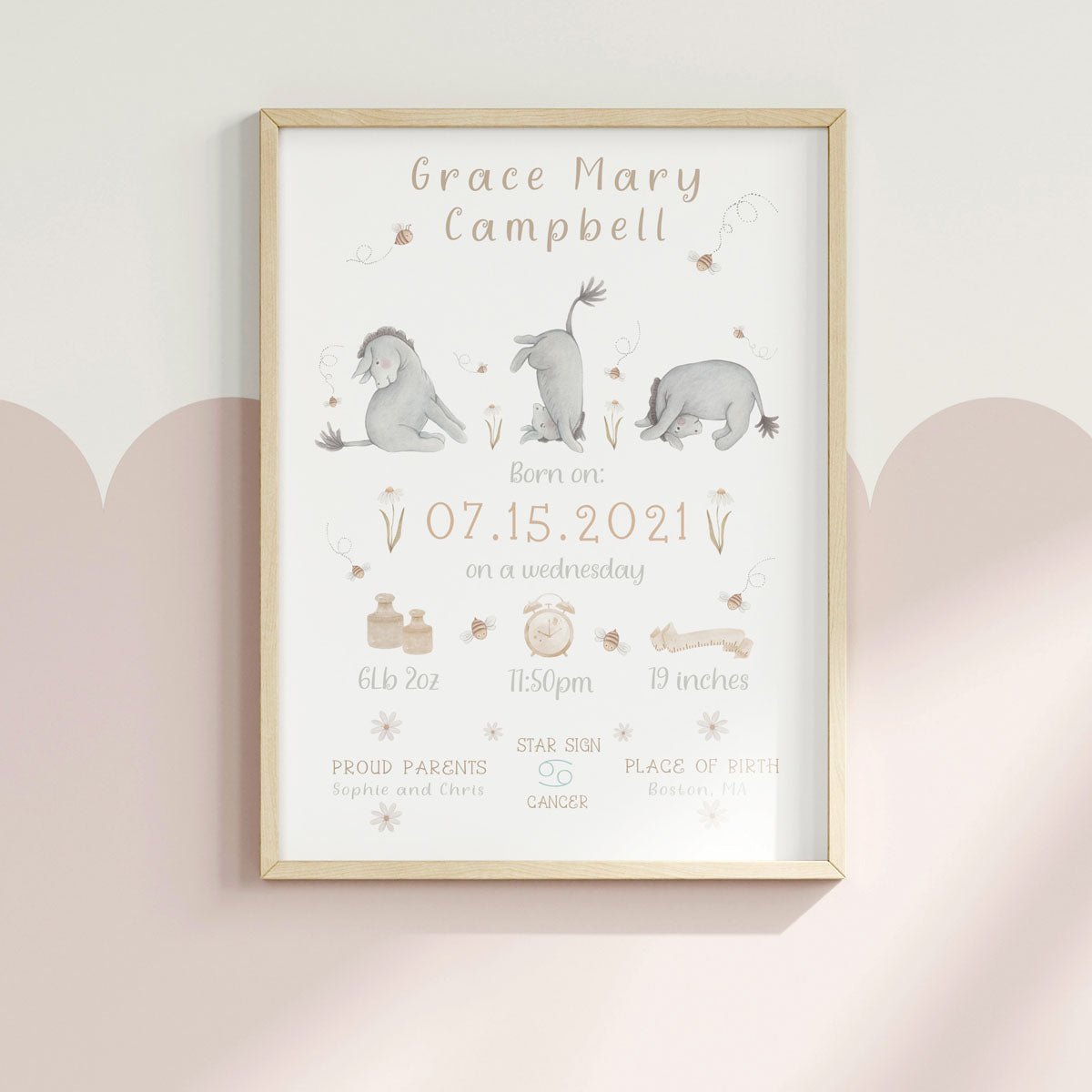 Winnie the Pooh, Eeyore - baby birth print. Baby shower gift for girl.