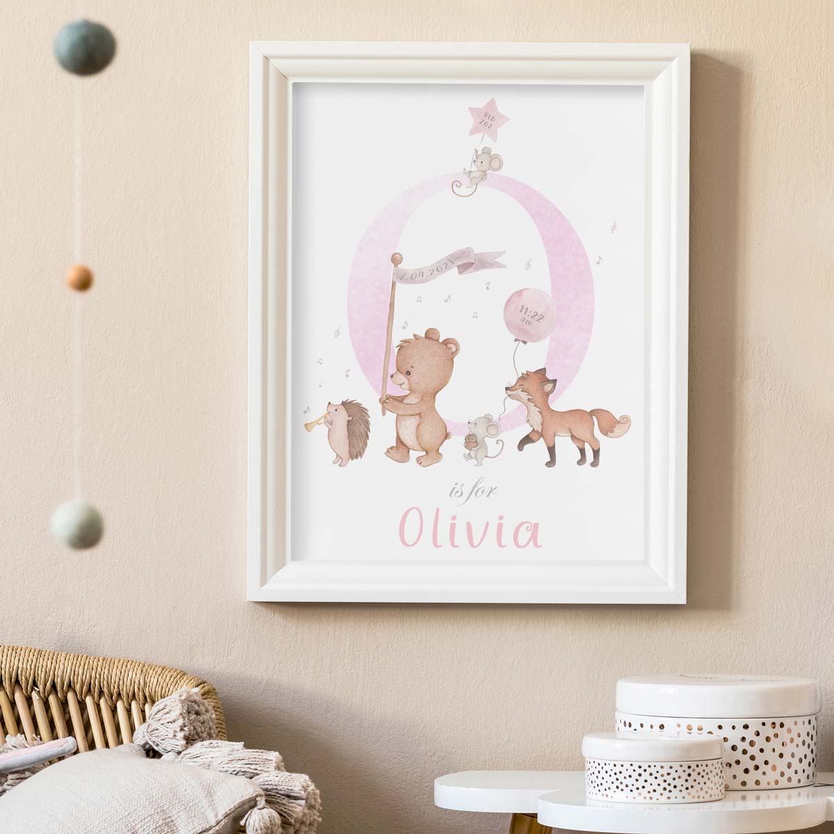 Woodland animals - baby birth chart poster.