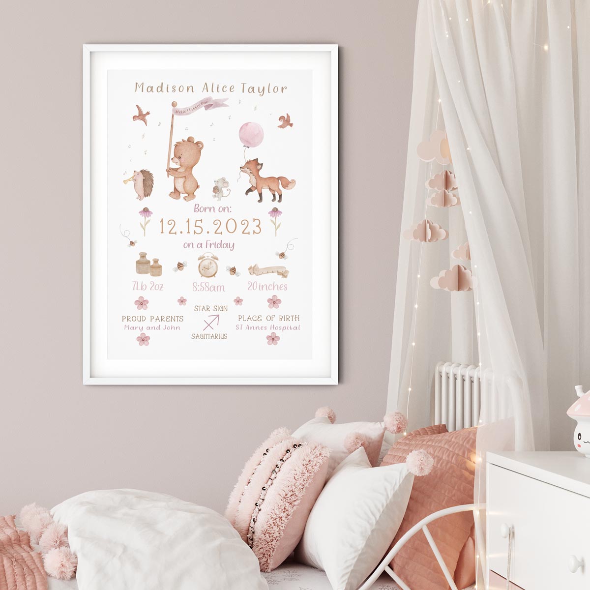 Woodland animals baby birth poster. Fox and bear. Baby shower gift.