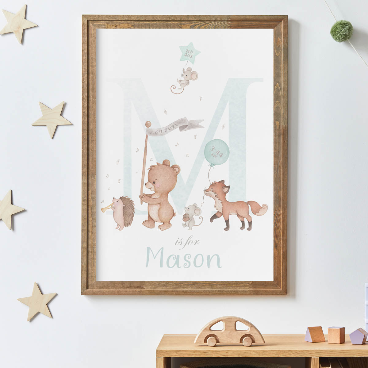 Woodland animals - baby birth stats poster.