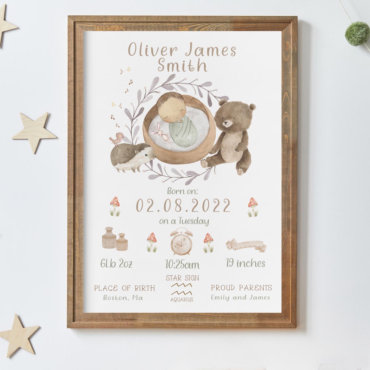 Woodland animals - baby birth stats poster. Bear.