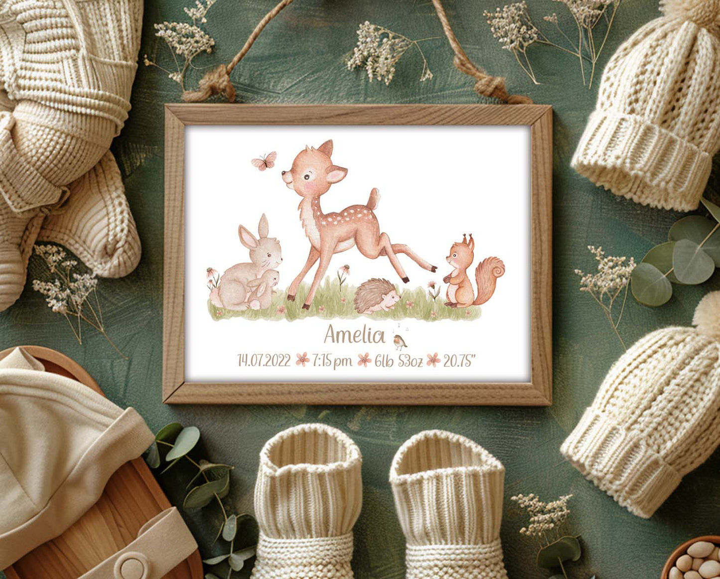 Woodland animals - baby birth stats poster. Squirrel.