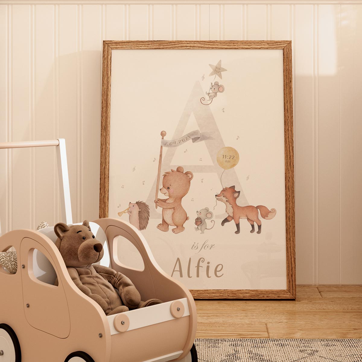 Woodland animals - baby birth stats print.