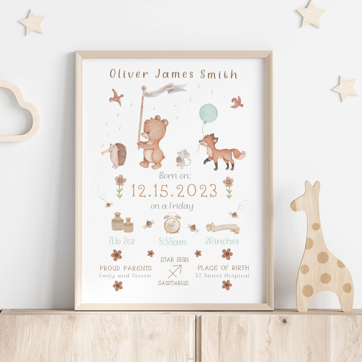 Woodland animals - baby boy birth print. Baby shower keepsake.