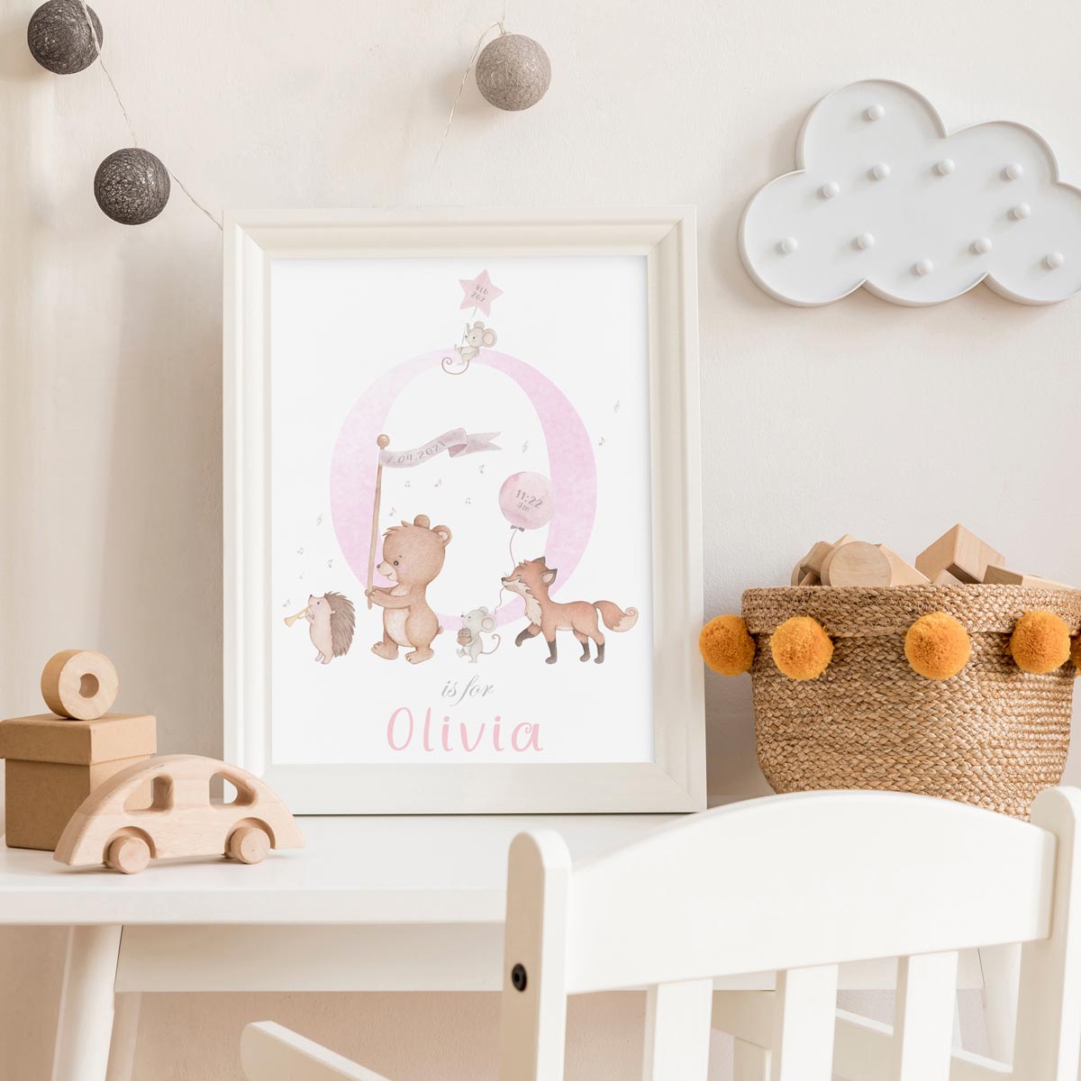 Woodland animals - baby girl birth stats poster. Initial.