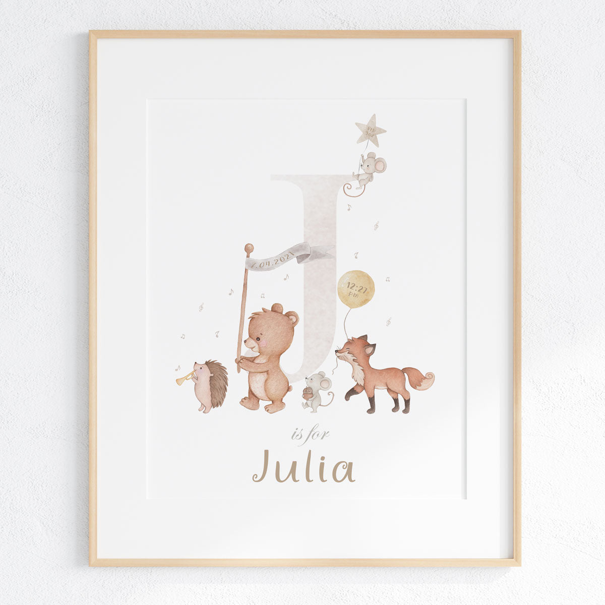 Woodland animals - baby girl birth stats poster. Initial.