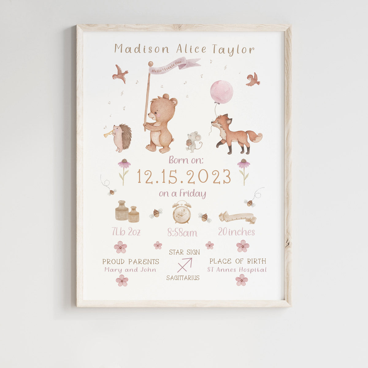 Woodland animals - baby girl birth stats-print. Baby shower keepsake.